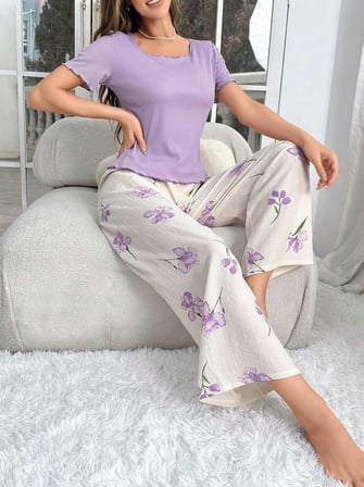 Fantezia Night Kadın Mor Çiçek Desenli Yumuşak Pamuklu Uzun Pijama Takımı 5133