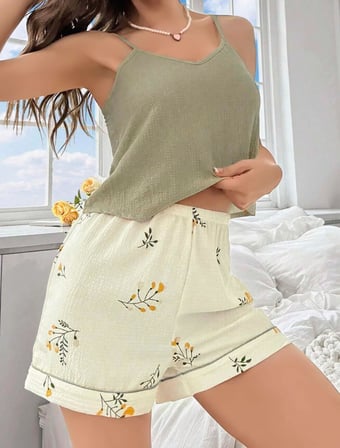 Fantezia Night Kadın Ekru Çiçek Baskılı Şortlu Gecelik Pijama Takımı 5099