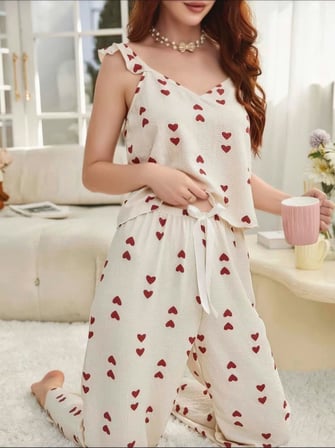 Fantezia Night Kadın Ekru Kırmızı Kalp Desenli Yumuşak Pamuklu Uzun Pijama Takımı 5136