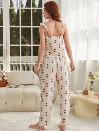 Fantezia Night Kadın Ekru Kırmızı Kalp Desenli Yumuşak Pamuklu Uzun Pijama Takımı 5136