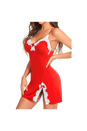 Fantezia Night Fiyonklu Dantelli Yırtmaçlı Kırmızı Gecelik TG279247