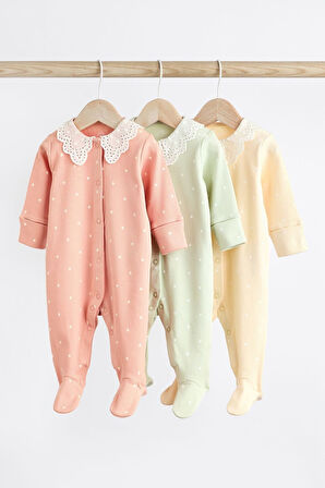 Next Baby % 100 Pamuklu Şeftali Pembesi Dantel Yaka 3’lü Tulum Set