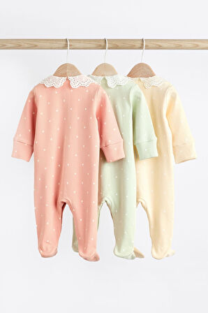 Next Baby % 100 Pamuklu Şeftali Pembesi Dantel Yaka 3’lü Tulum Set