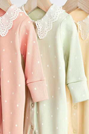 Next Baby % 100 Pamuklu Şeftali Pembesi Dantel Yaka 3’lü Tulum Set