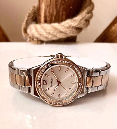 Ferrucci Çelik Şık Taşlı Model Kadın Kol Saati+%100 Çelik&İncili Kolye Hediye