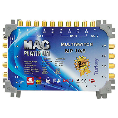 Mag Platinum 10-8 Sonlu 2 Çanak Anten Digitürk Girişli Site Apartman Tipi  Uydu Santrali + Adaptör 4K HD