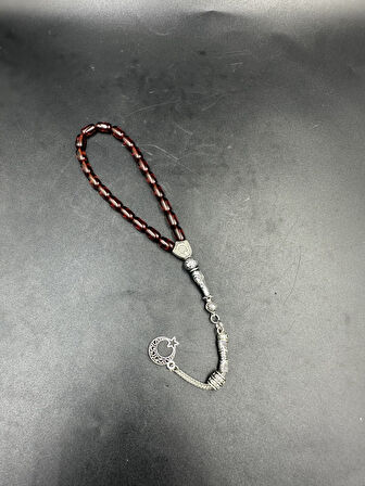 Ay Yılldız Alpaka Püskül  Ateş Kehribar Tespih (Ahşap Kutu)