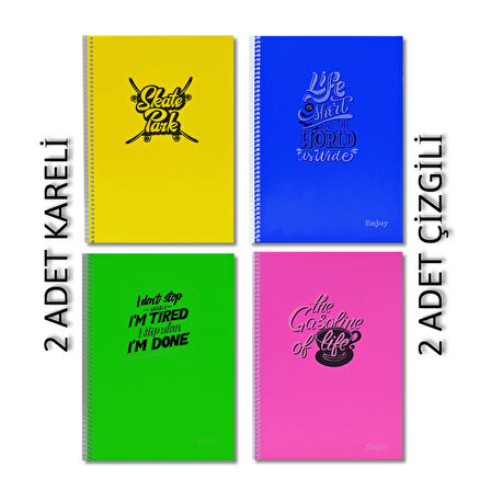 Sim Enjoy A4 72 Yaprak Plastik Kapak Spiralli Defter 2 Kareli + 2 Çizgili