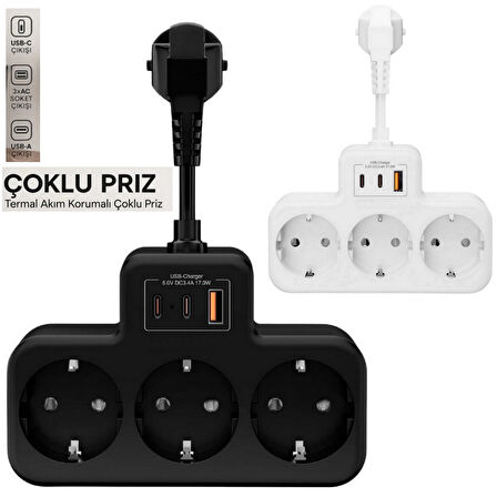 BEYAZ Akıllı Priz Termal Korumalı 3 Prizli Çoklu Akım Prizi | 2 USB-A + 1 USB -  KORUMALI PRİZ