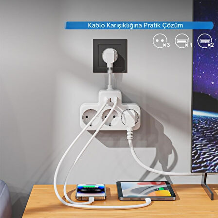 BEYAZ Akıllı Priz Termal Korumalı 3 Prizli Çoklu Akım Prizi | 2 USB-A + 1 USB -  KORUMALI PRİZ
