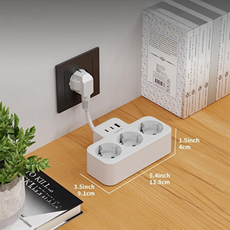 BEYAZ Akıllı Priz Termal Korumalı 3 Prizli Çoklu Akım Prizi | 2 USB-A + 1 USB -  KORUMALI PRİZ