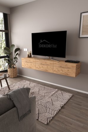 DF17103 Dolaplı Duvara Monte TV Ünitesi 180 cm Modern Askılı Dekoratif Stil TV Sehpası  Atlantik Çam