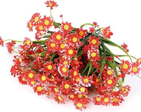 6lı Set Yapay Çiçek Kırmızı Papatya 7 Dallı Plastik Dekoratif Yapay Bitki