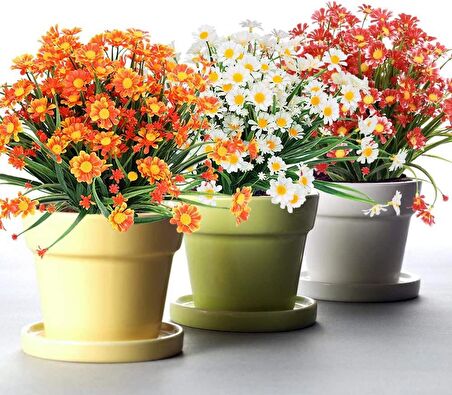 6lı Set Yapay Çiçek Kırmızı Papatya 7 Dallı Plastik Dekoratif Yapay Bitki