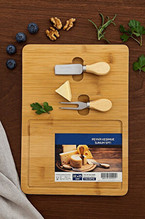 Peynir Kesme Sunum Tahtası Seti  2 Bıçaklı Bambu Kesme Tahtası Bambu Servis Tahtası