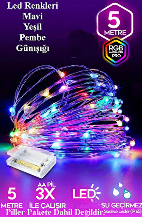 Pilli RGB Led Işık 5 Metre Iç & Dış Mekan Parti Dekor Kutlama Işığı Renkli Led Dekorasyon