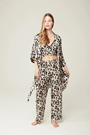 Saten 3'lü Pijama Takımı Ashley Leopard Büstiyer Pantolon Sabahlık