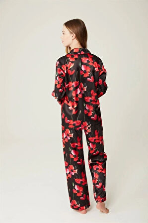 Saten Pijama Takım Raine Red Flower 2li Takım