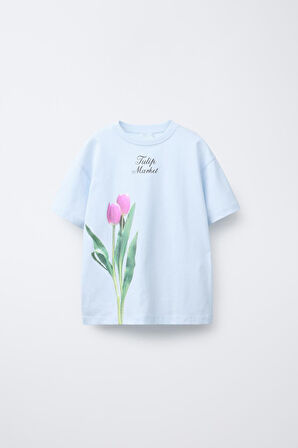 Lale Çiçek Baskılı Kız Çocuk  %100 Pamuk Tişört