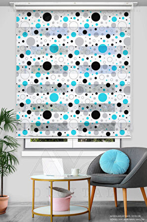 Turkuaz Siyah Puantiye Baskılı Zebra Perde - Dijital Baskılı Zebra Perde