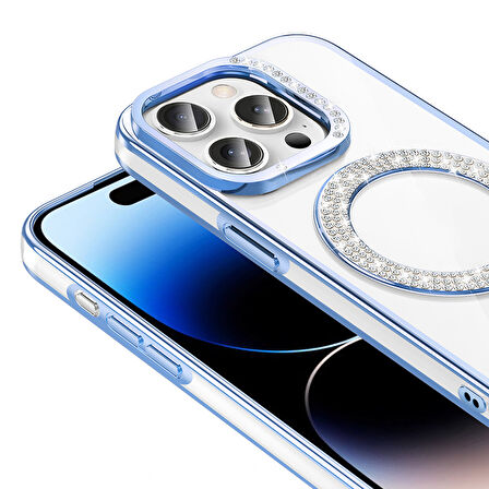 iPhone 14 Pro Max Kılıf Pırlanta Taş Tasarımlı M-safe Şarj Özellikli Karetta Silikon Kapak