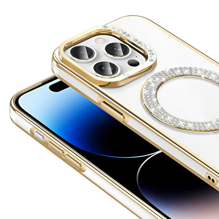 iPhone 14 Pro Max Kılıf Pırlanta Taş Tasarımlı M-safe Şarj Özellikli Karetta Silikon Kapak