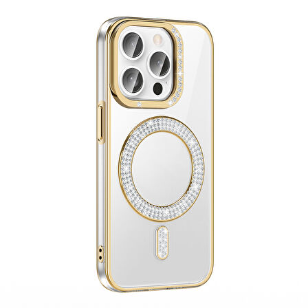 iPhone 14 Pro Max Kılıf Pırlanta Taş Tasarımlı M-safe Şarj Özellikli Karetta Silikon Kapak