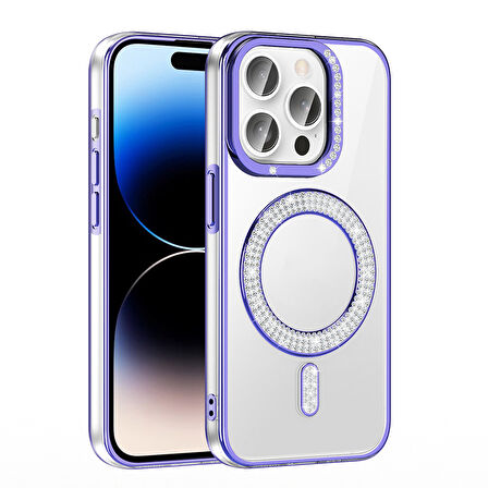 iPhone 14 Pro Max Kılıf Pırlanta Taş Tasarımlı M-safe Şarj Özellikli Karetta Silikon Kapak