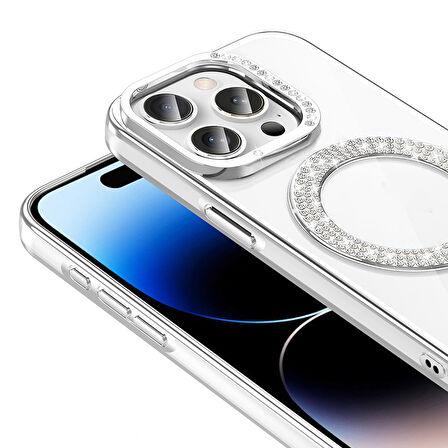 iPhone 14 Pro Max Kılıf Pırlanta Taş Tasarımlı M-safe Şarj Özellikli Karetta Silikon Kapak