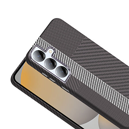 Galaxy S25 Kılıf M-safe Şarj Özellikli Karbon Fiber Görünümlü Gros Kapak Gri-Siyah