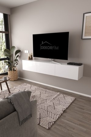 DF17103 Dolaplı Duvara Monte TV Ünitesi 180 cm Modern Askılı Dekoratif Stil TV Sehpası  BEYAZ