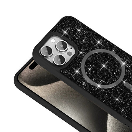 iPhone 15 Pro Max Kılıf Pırlanta Tasarımlı M-safe Şarj Özellikli Mozaik Silikon Kapak