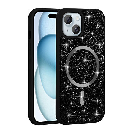 iPhone 15 Plus Kılıf Pırlanta Tasarımlı M-safe Şarj Özellikli Mozaik Silikon Kapak