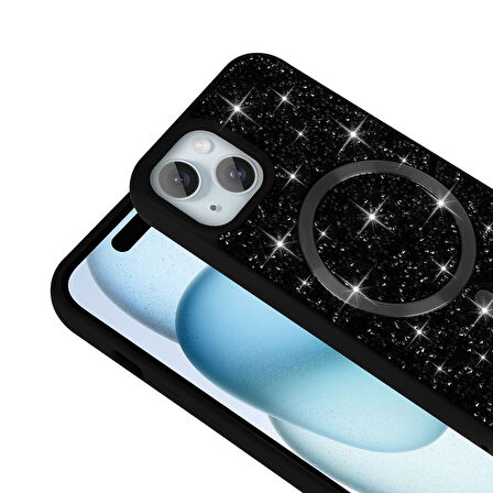 iPhone 15 Plus Kılıf Pırlanta Tasarımlı M-safe Şarj Özellikli Mozaik Silikon Kapak