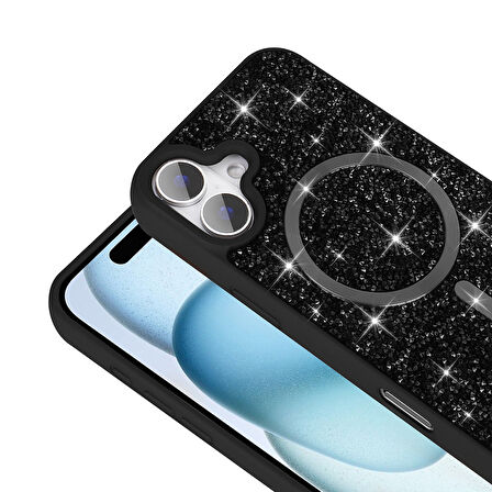 iPhone 16 Plus Kılıf Pırlanta Tasarımlı M-safe Şarj Özellikli Mozaik Silikon Kapak