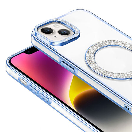 iPhone 13/14 Kılıf Pırlanta Taş Tasarımlı M-safe Şarj Özellikli Karetta Silikon Kapak