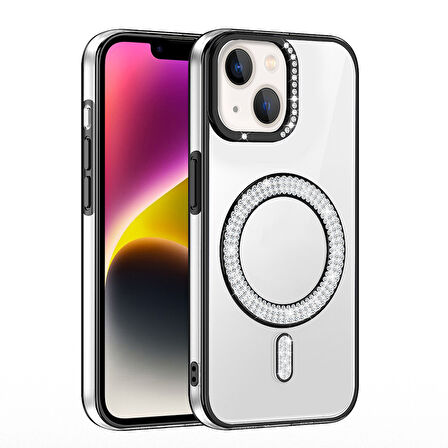 iPhone 13/14 Kılıf Pırlanta Taş Tasarımlı M-safe Şarj Özellikli Karetta Silikon Kapak