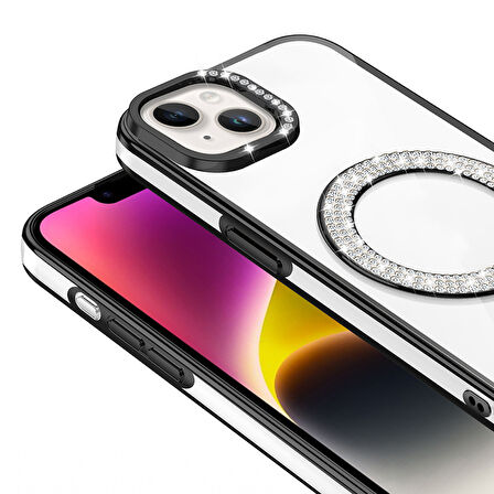 iPhone 13/14 Kılıf Pırlanta Taş Tasarımlı M-safe Şarj Özellikli Karetta Silikon Kapak
