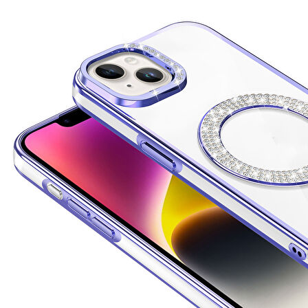 iPhone 13/14 Kılıf Pırlanta Taş Tasarımlı M-safe Şarj Özellikli Karetta Silikon Kapak