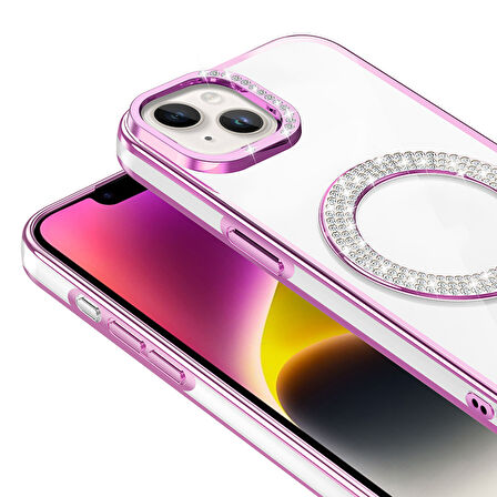 iPhone 13/14 Kılıf Pırlanta Taş Tasarımlı M-safe Şarj Özellikli Karetta Silikon Kapak