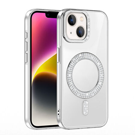 iPhone 13/14 Kılıf Pırlanta Taş Tasarımlı M-safe Şarj Özellikli Karetta Silikon Kapak