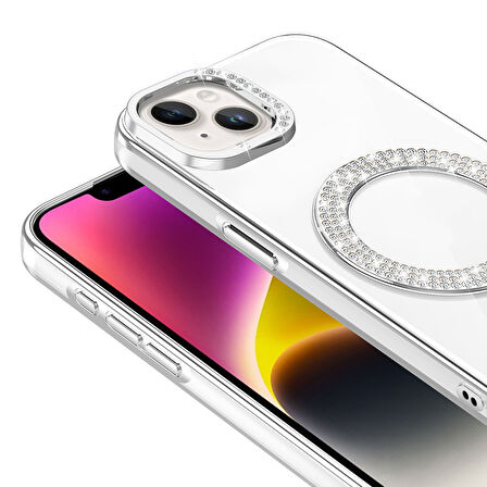 iPhone 13/14 Kılıf Pırlanta Taş Tasarımlı M-safe Şarj Özellikli Karetta Silikon Kapak