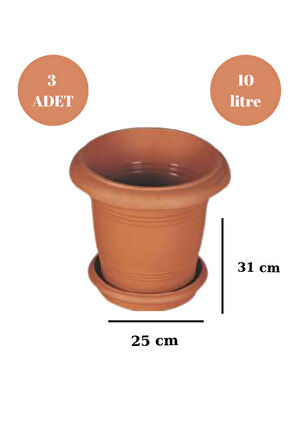 Balkon Saksı Bahçe Saksısı Küçük Boy Yuvarlak Saksı Antik ve Altlığı 10 Litre 3 Adet 25x31