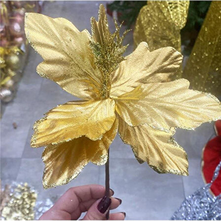 Yılbaşı Çam ağacı Atatürk Çiçeği ponsetya yapay çiçek altın gold renkli 8 yaprak 25 cm simli tomurcuklu dekoratif yılbaşı çiçeği