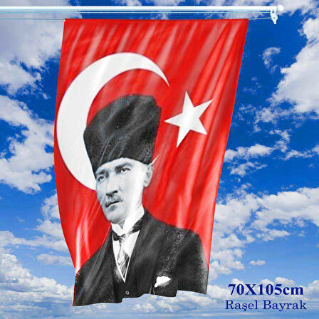 70x105 Cm Raşel Kumaş T,c, Kalpaklı Atatürk Fotoğraflı Türkiye Bayrağı - Bayrak
