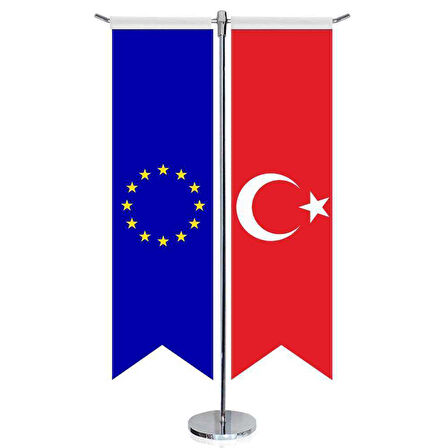 Avrupa Birliği Bayrağı Ve Türkiye - Kırlangıç - Saten T Direk 2li Masa Bayrağı