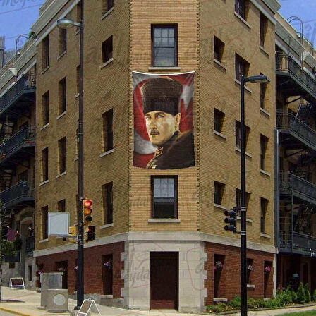 Mavi Gözlü Kalpaklı Gazi Mustafa Kemal Atatürk - Ay Yıldız Poster Cephe Bayrak -200x300cm -2x3metre