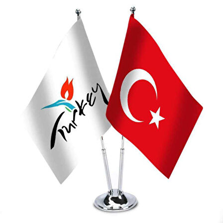 Türkiye - Turkey Logolu İkili Saten Masa Bayrağı