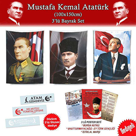 Gazi Mustafa Kemal Atatürk 1x1,5m Bayrak Set-3'lü Poster Ve Sticker Hediyeli-29 Ekim Bayram Kutlama
