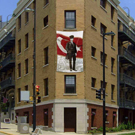 Ay Yıldızlı Sivil Kalpaklı Mustafa Kemal Atatürk Poster Cephe Bayrak -200x300cm -2x3metre